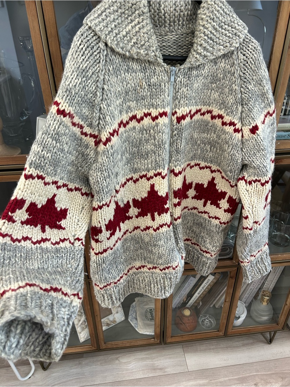 Vintage Handmade Knitted 100% Wool Chunky Zip-Up Canada Leaf Nordic Knit Sweater - Picture 3 of 14